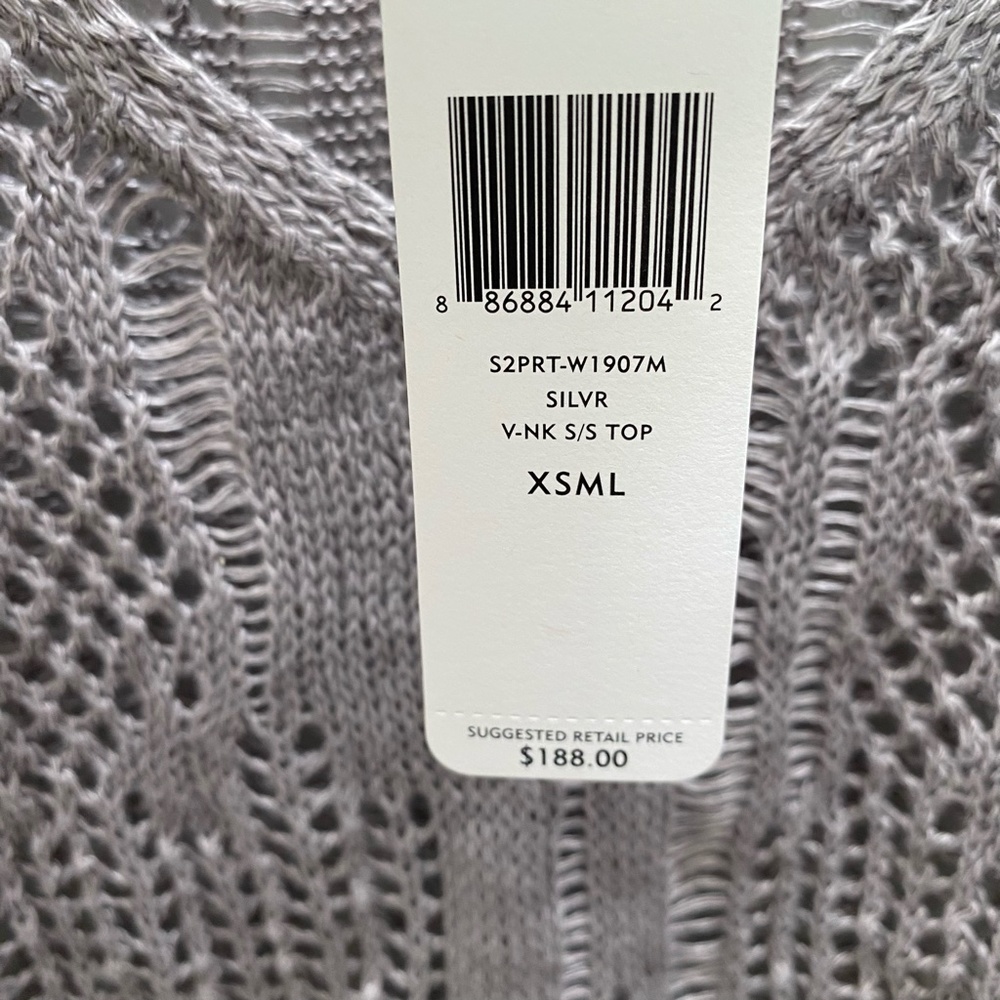 Eileen Fisher Precious Metal Open Texture Linen Silver V Neck S/S Top XS - Picture 9 of 11